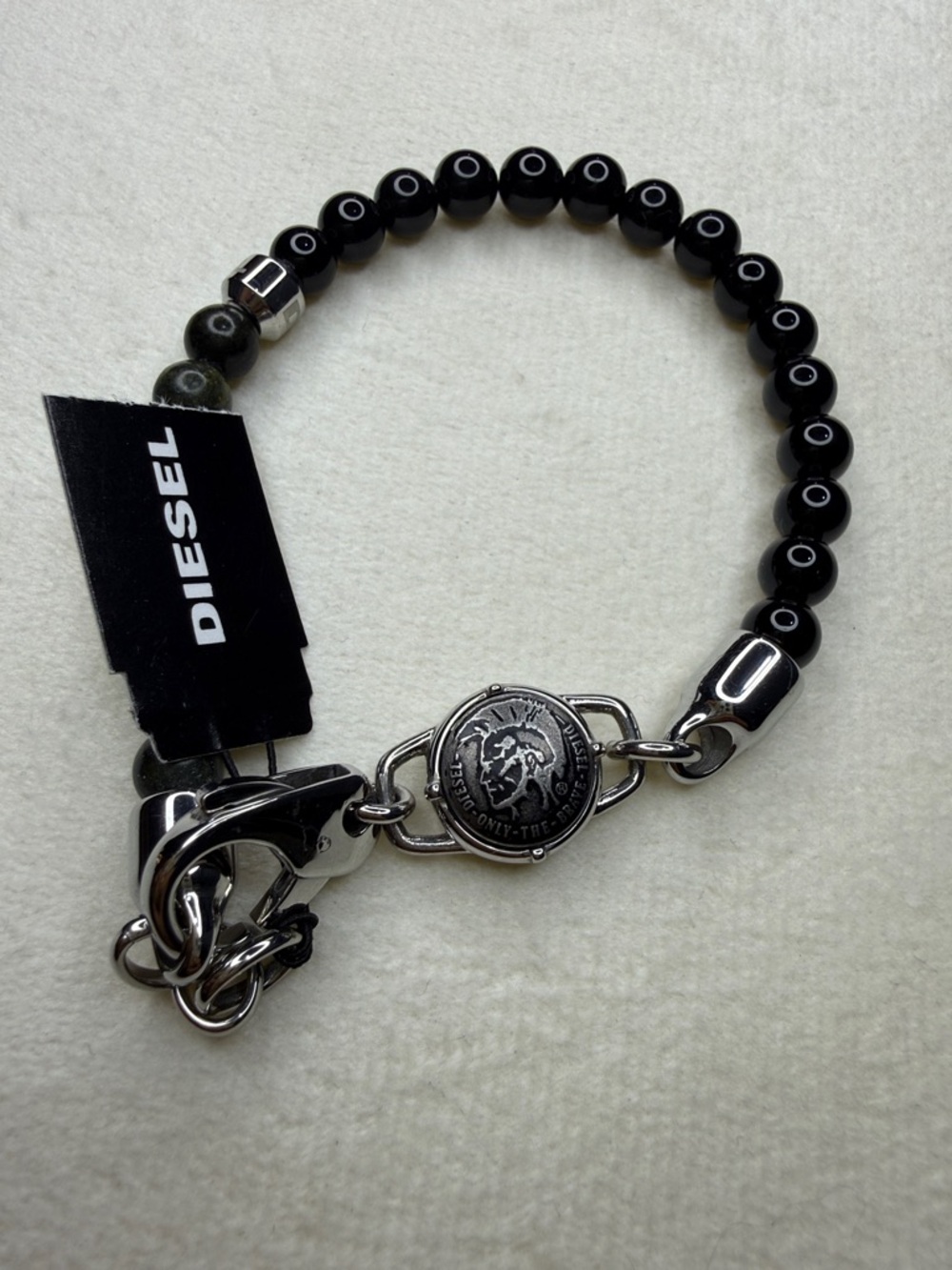 Diesel Black Beaded Bracelet with Silver-Tone Logo Medallion